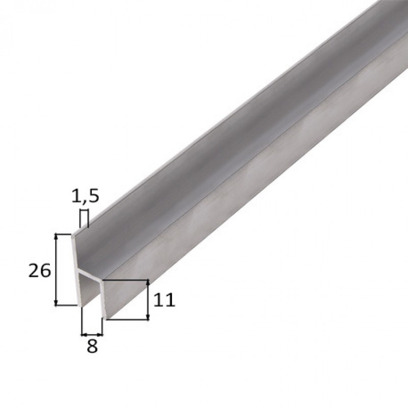 Hliníkový profil H, 26x11x1,5x8mm, 100cm, stříbrný elox