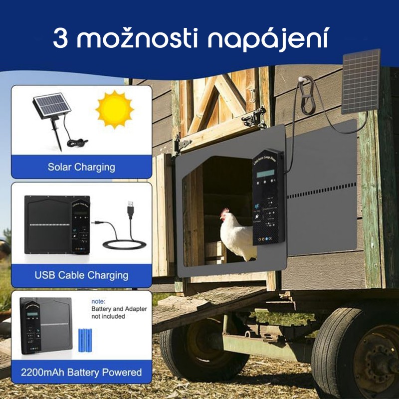 Automatické otevírání a zavírání kurníku Ollewiellan, posuvná dvířka s časovačem a senzorem + akumulátor