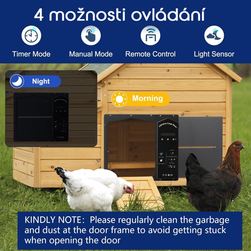 Automatické otevírání a zavírání kurníku Ollewiellan, posuvná dvířka s časovačem a senzorem + akumulátor