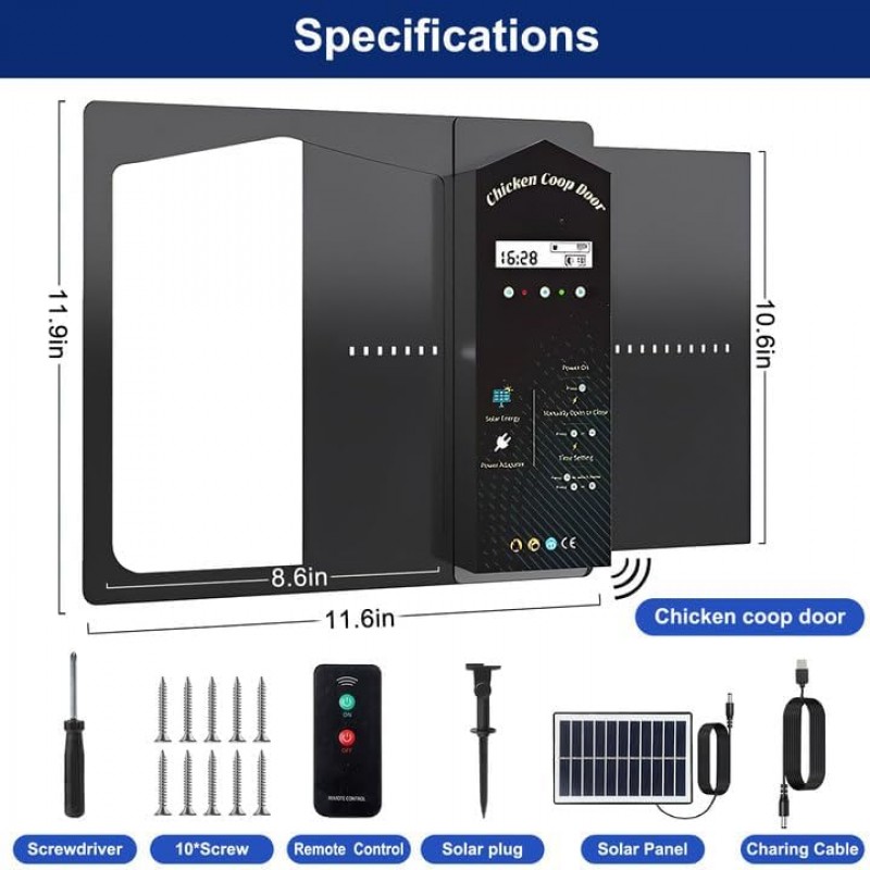 Automatické otevírání a zavírání kurníku Ollewiellan, posuvná dvířka s časovačem a senzorem + akumulátor