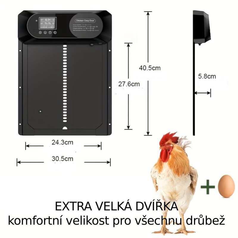 Automatická dvířka kurníku Automatic 30,5 x 40,5 cm, Extra velká hliníková dvířka, světelný senzor, časovač, 3x AA baterie