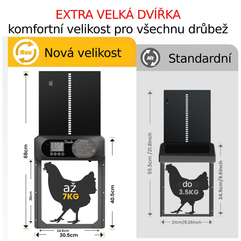 Automatická dvířka kurníku Automatic 30,5 x 40,5 cm, Extra velká hliníková dvířka, světelný senzor, časovač, 3x AA baterie