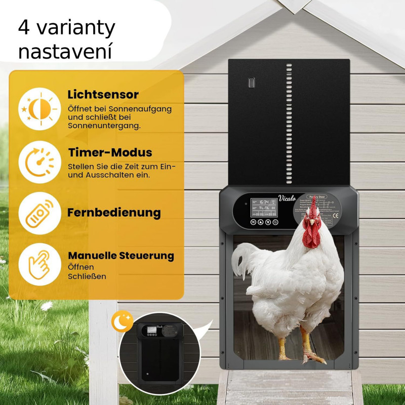 Automatická dvířka kurníku Automatic 30,5 x 40,5 cm, Extra velká hliníková dvířka, světelný senzor, časovač, 3x AA baterie
