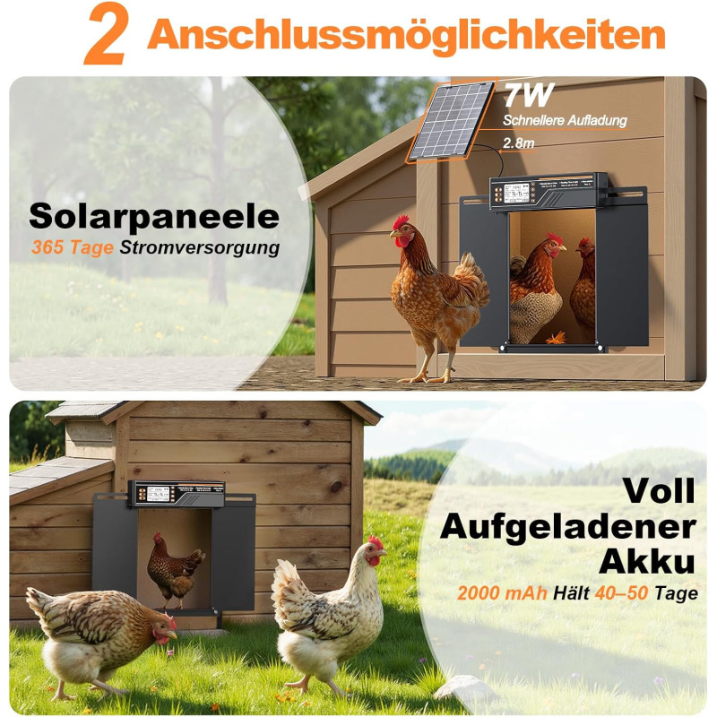 Automatická dvířka kurníku posuvné 22 x 28,5 cm dvojité s časovačem, vestavěný akumulátor, solární panel